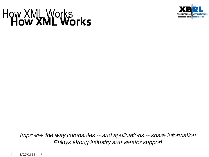 How XML Works Improves the way companies -- and applications -- share information Enjoys