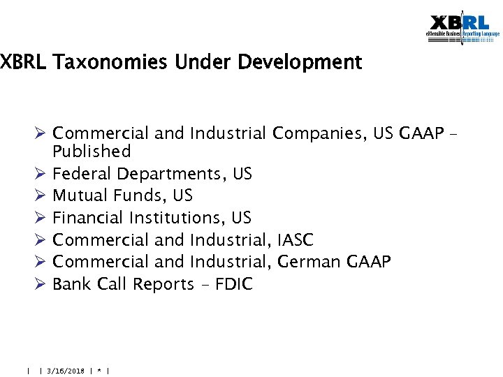 App to fin rep XBRL Taxonomies Under Development Ø Commercial and Industrial Companies, US