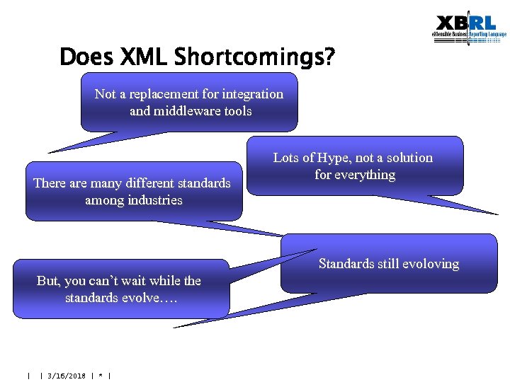 Does XML Shortcomings? Not a replacement for integration and middleware tools There are many