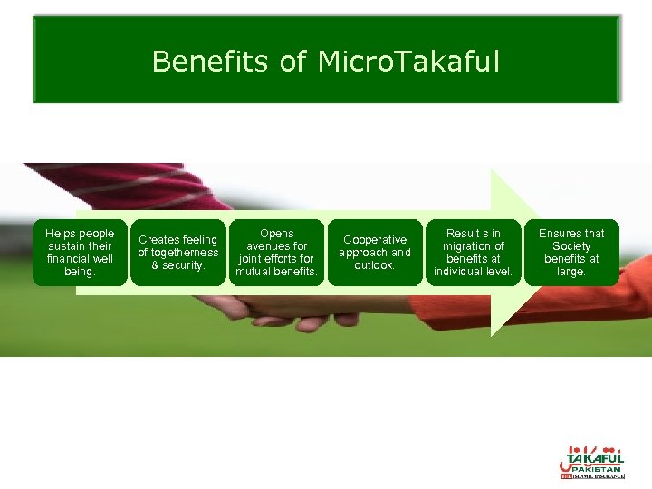 Benefits of Micro. Takaful Helps people sustain their financial well being. Creates feeling of
