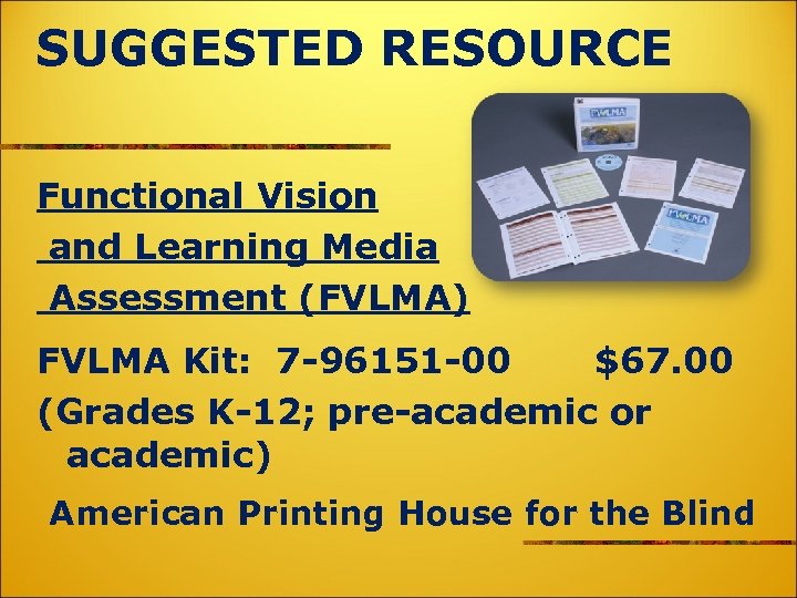 SUGGESTED RESOURCE Functional Vision and Learning Media Assessment (FVLMA) FVLMA Kit: 7 -96151 -00