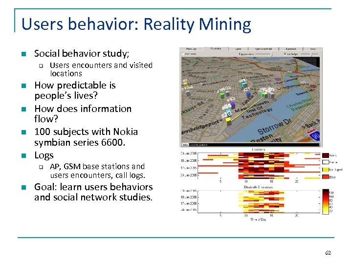 Users behavior: Reality Mining n Social behavior study; q n n How predictable is