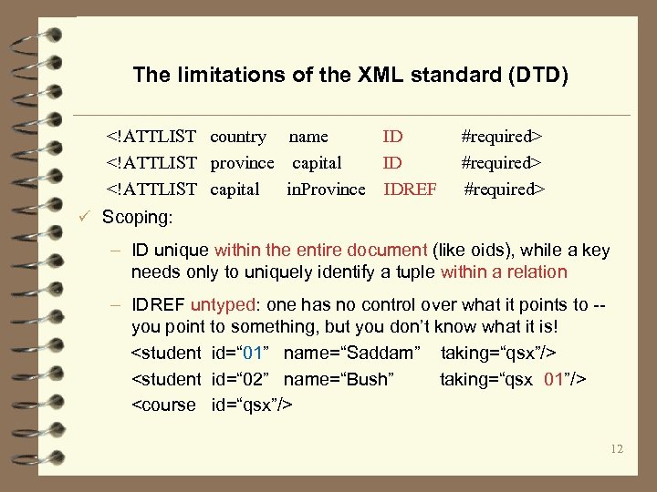 The limitations of the XML standard (DTD) <!ATTLIST country name ID <!ATTLIST province capital