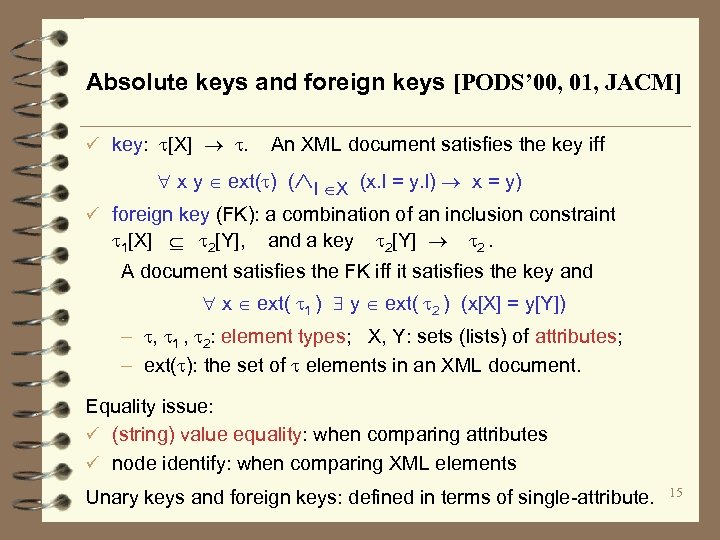 Absolute keys and foreign keys [PODS’ 00, 01, JACM] ü key: [X] . An