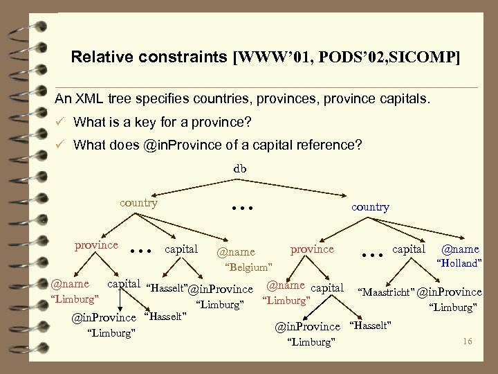 Relative constraints [WWW’ 01, PODS’ 02, SICOMP] An XML tree specifies countries, province capitals.