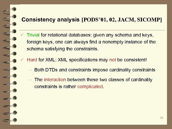 Consistency analysis [PODS’ 01, 02, JACM, SICOMP] ü Trivial for relational databases: given any