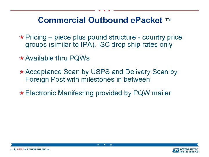 Commercial Outbound e. Packet ™ Pricing – piece plus pound structure - country price