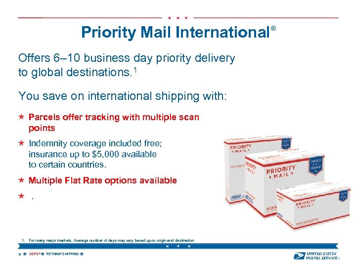 Priority Mail International® Offers 6– 10 business day priority delivery to global destinations. 1