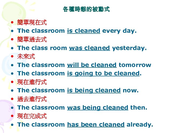 各種時態的被動式 • • • • 簡單現在式 The classroom is cleaned every day. 簡單過去式 The