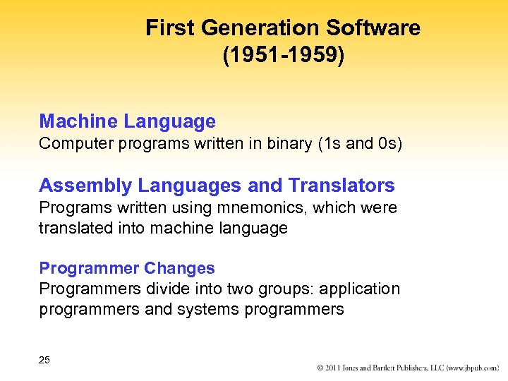 First Generation Software (1951 -1959) Machine Language Computer programs written in binary (1 s