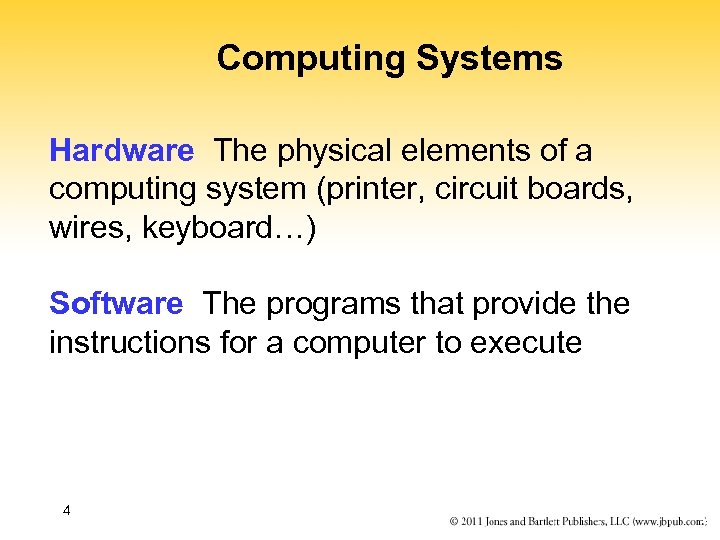 Computing Systems Hardware The physical elements of a computing system (printer, circuit boards, wires,