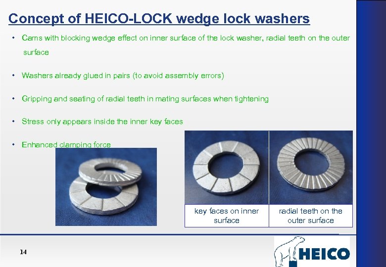 Concept of HEICO-LOCK wedge lock washers • Cams with blocking wedge effect on inner
