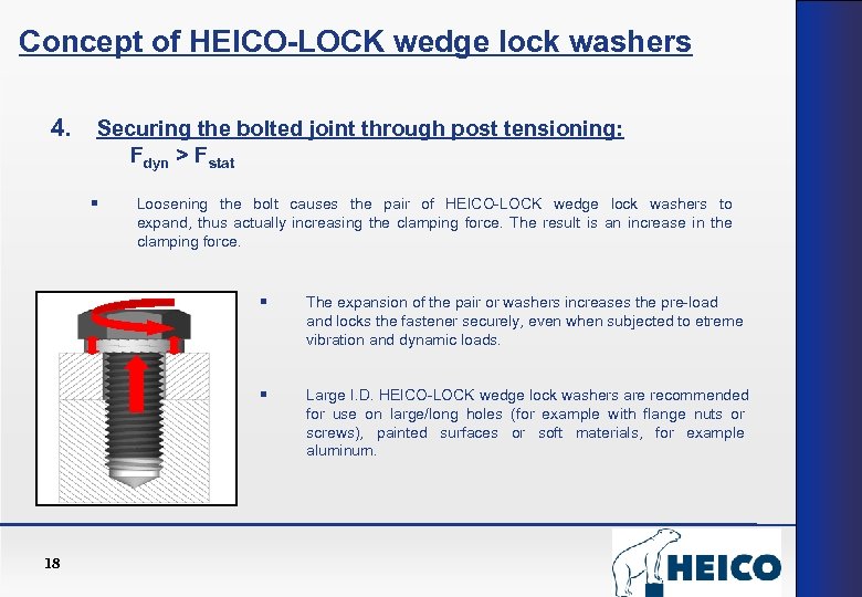 Concept of HEICO-LOCK wedge lock washers 4. Securing the bolted joint through post tensioning:
