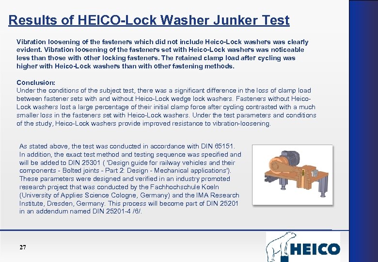 Results of HEICO-Lock Washer Junker Test Vibration loosening of the fasteners which did not