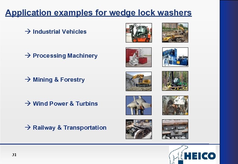 Application examples for wedge lock washers Industrial Vehicles Processing Machinery Mining & Forestry Wind