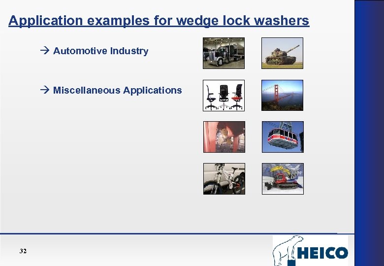 Application examples for wedge lock washers Automotive Industry Miscellaneous Applications 32 