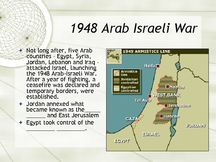 1948 Arab Israeli War Not long after, five Arab countries – Egypt, Syria, Jordan,