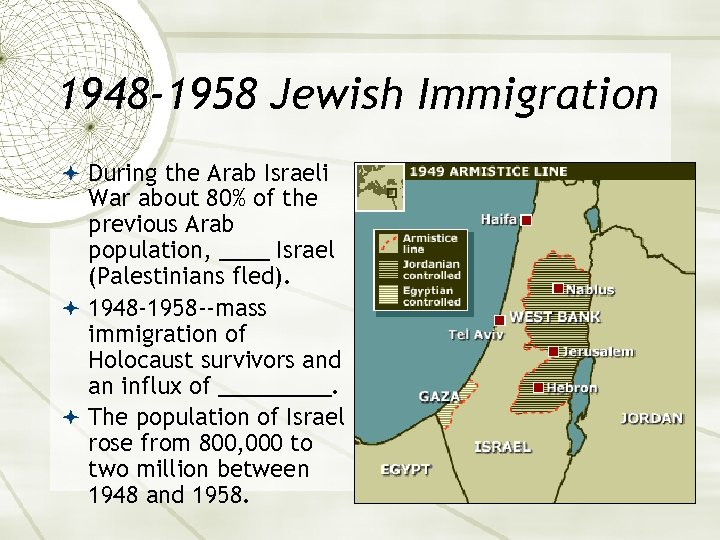 1948 -1958 Jewish Immigration During the Arab Israeli War about 80% of the previous