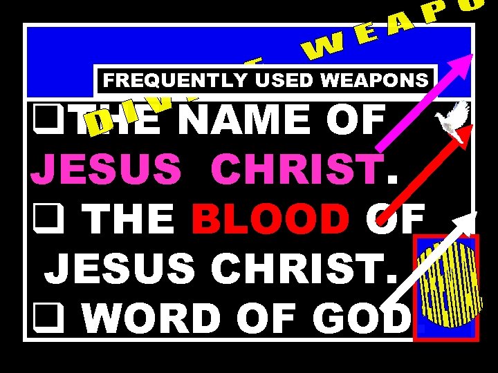 FREQUENTLY USED WEAPONS q. THE NAME OF JESUS CHRIST. q THE BLOOD OF JESUS