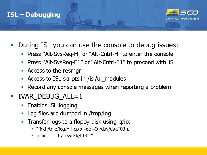 ISL – Debugging § During ISL you can use the console to debug issues: