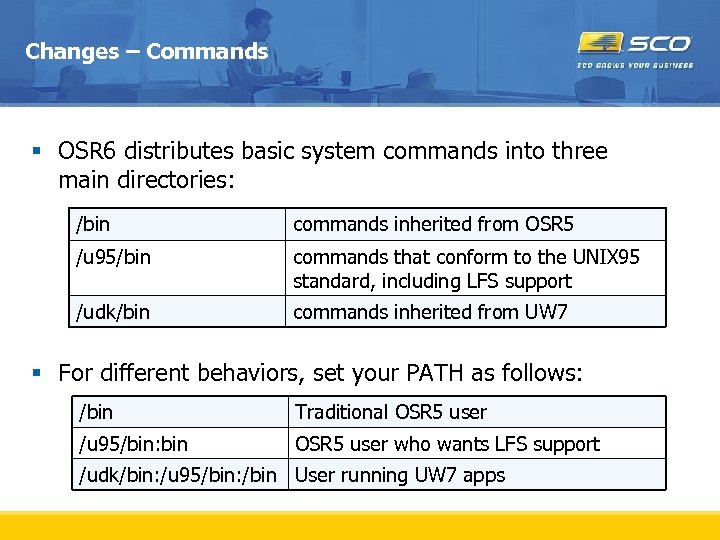 Changes – Commands § OSR 6 distributes basic system commands into three main directories: