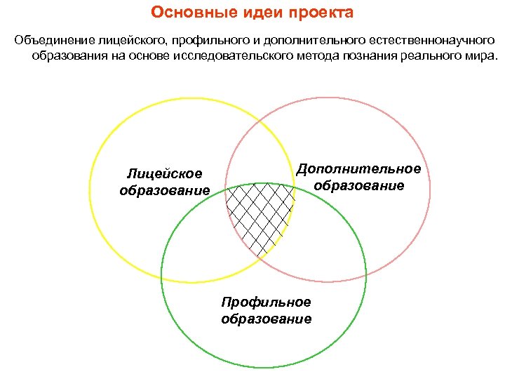 Основные идеи проекта Объединение лицейского, профильного и дополнительного естественнонаучного образования на основе исследовательского метода