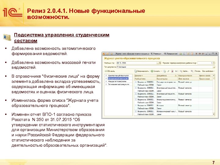 Релиз 2. 0. 4. 1. Новые функциональные возможности. Подсистема управления студенческим составом § Добавлена