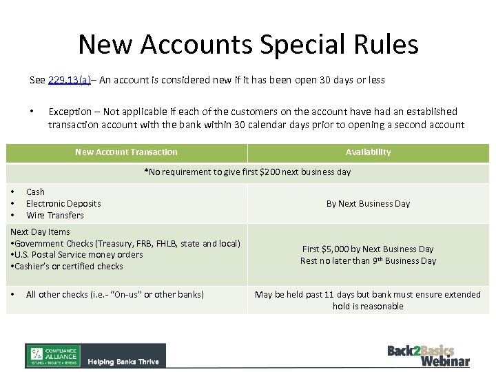 New Accounts Special Rules See 229. 13(a)– An account is considered new if it