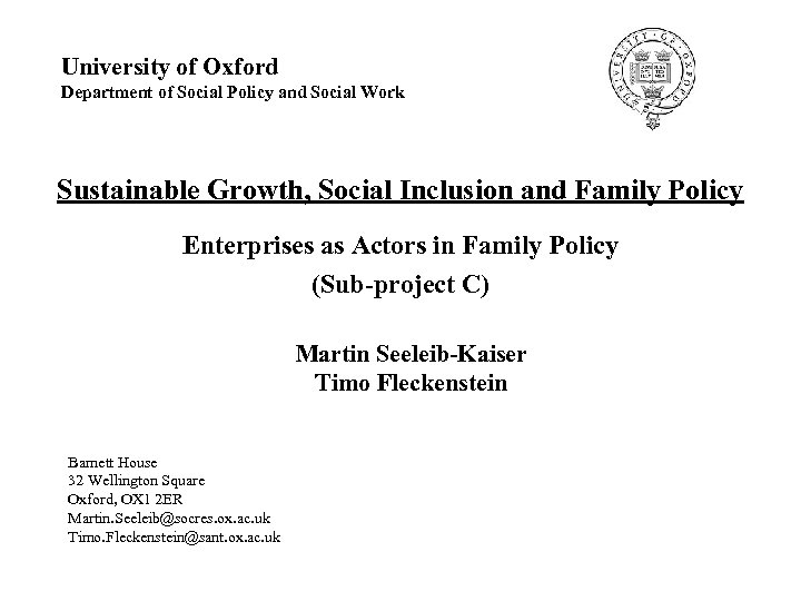 University of Oxford Department of Social Policy and Social Work Sustainable Growth, Social Inclusion