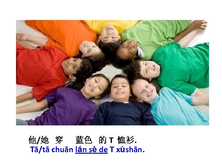 他/她 穿 蓝色 的 T 恤衫. Tā/tā chuān lán sè de T xùshān. 