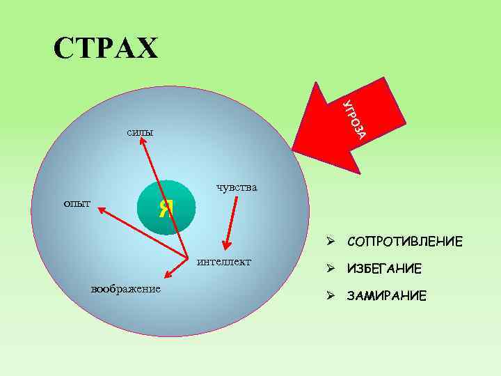 СТРАХ ОЗ УГР опыт А силы Я чувства уа. КП Ø СОПРОТИВЛЕНИЕ интеллект воображение