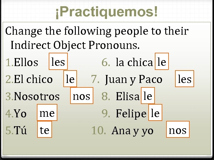 ¡Practiquemos! Change the following people to their Indirect Object Pronouns. 1. Ellos les 6.