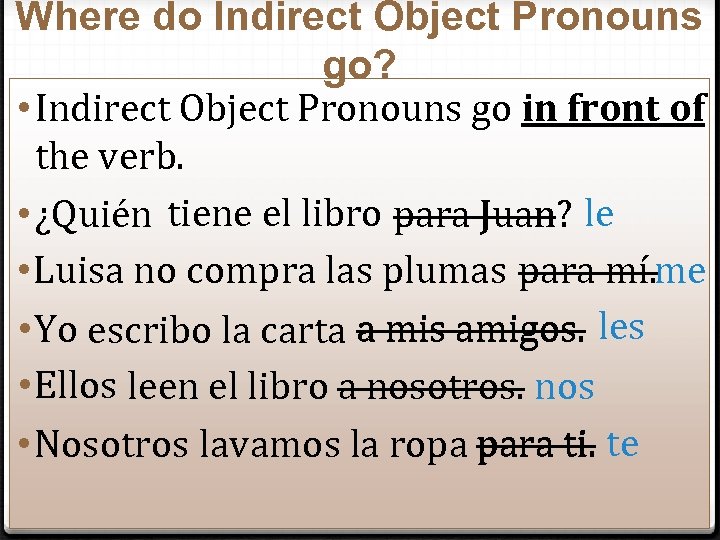 Where do Indirect Object Pronouns go? • Indirect Object Pronouns go in front of