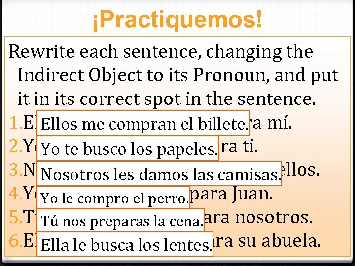 ¡Practiquemos! Rewrite each sentence, changing the Indirect Object to its Pronoun, and put it
