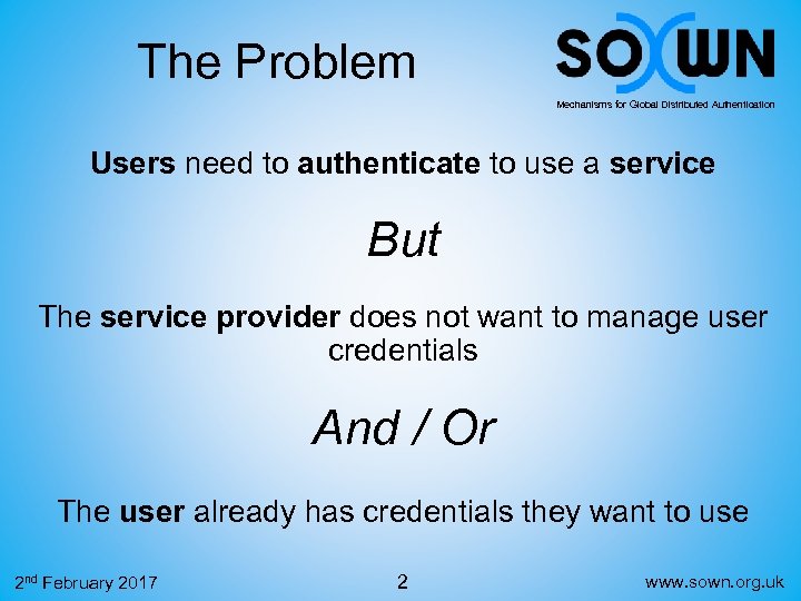 The Problem Mechanisms for Global Distributed Authentication Users need to authenticate to use a