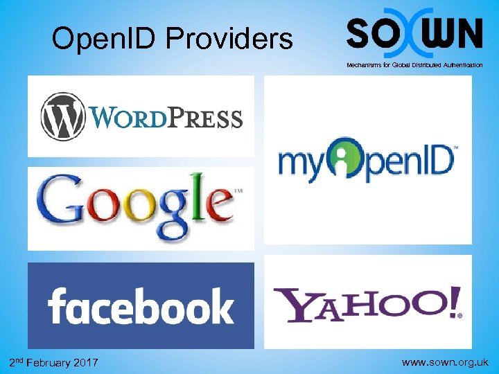 Open. ID Providers Mechanisms for Global Distributed Authentication 2 nd February 2017 www. sown.