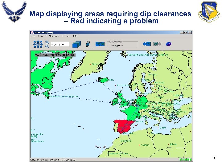 Map displaying areas requiring dip clearances – Red indicating a problem 13 