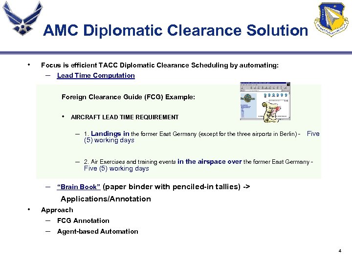 AMC Diplomatic Clearance Solution • Focus is efficient TACC Diplomatic Clearance Scheduling by automating: