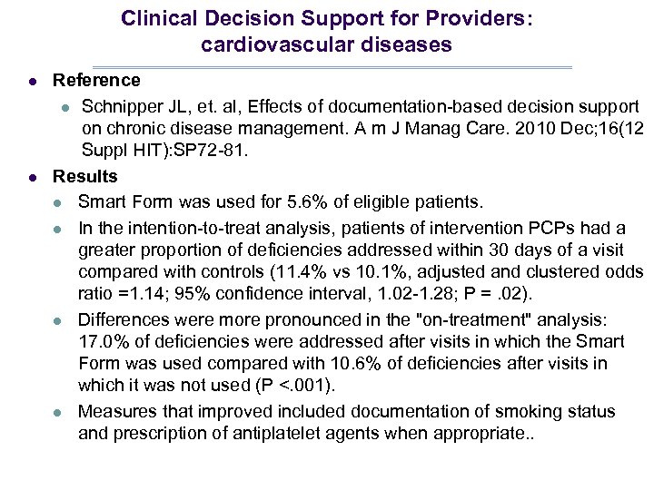 Clinical Decision Support for Providers: cardiovascular diseases l l Reference l Schnipper JL, et.