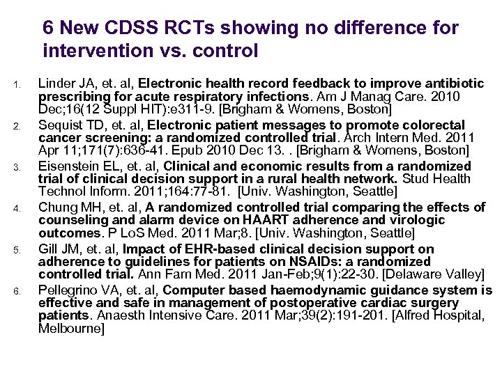 6 New CDSS RCTs showing no difference for intervention vs. control 1. 2. 3.