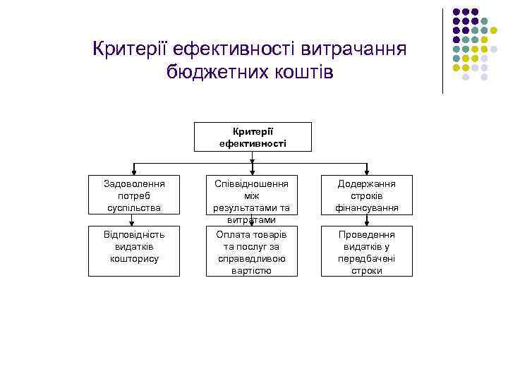 Критерії ефективності витрачання бюджетних коштів Критерії ефективності Задоволення потреб суспільства Співвідношення між результатами та