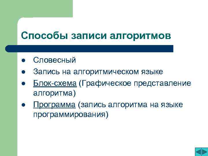 Способы записи алгоритмов l l Словесный Запись на алгоритмическом языке Блок-схема (Графическое представление алгоритма)