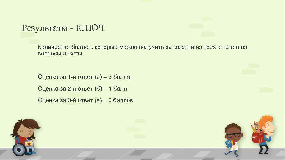 Результаты - КЛЮЧ Количество баллов, которые можно получить за каждый из трех ответов на