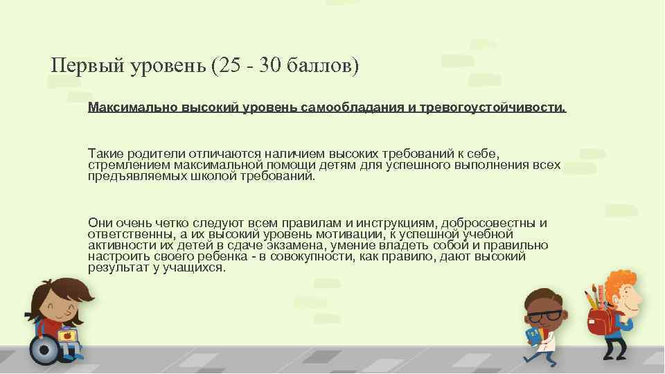 Первый уровень (25 - 30 баллов) Максимально высокий уровень самообладания и тревогоустойчивости. Такие родители