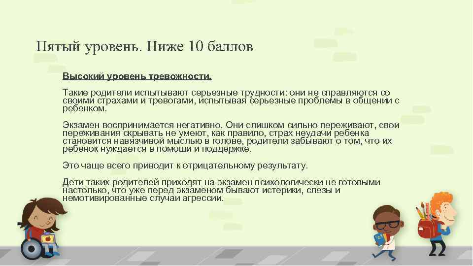 Пятый уровень. Ниже 10 баллов Высокий уровень тревожности. Такие родители испытывают серьезные трудности: они