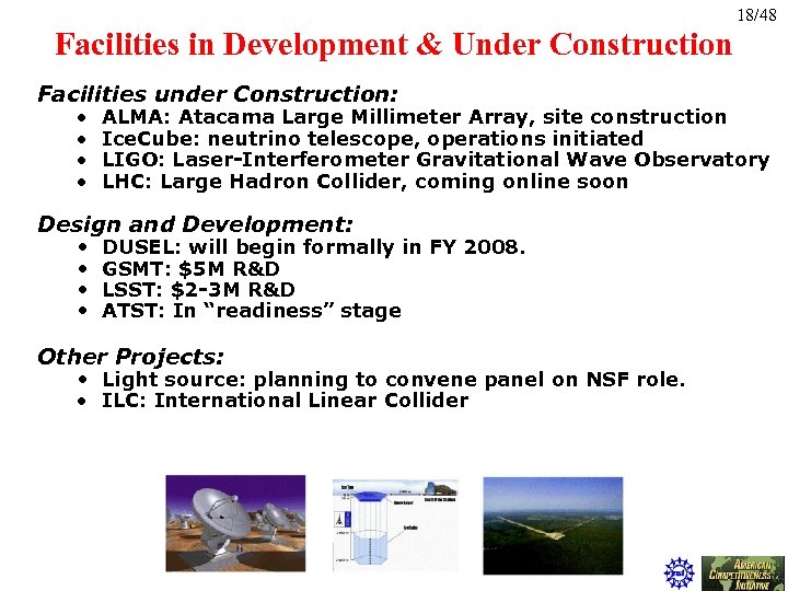 18/48 Facilities in Development & Under Construction Facilities under Construction: ALMA: Atacama Large Millimeter