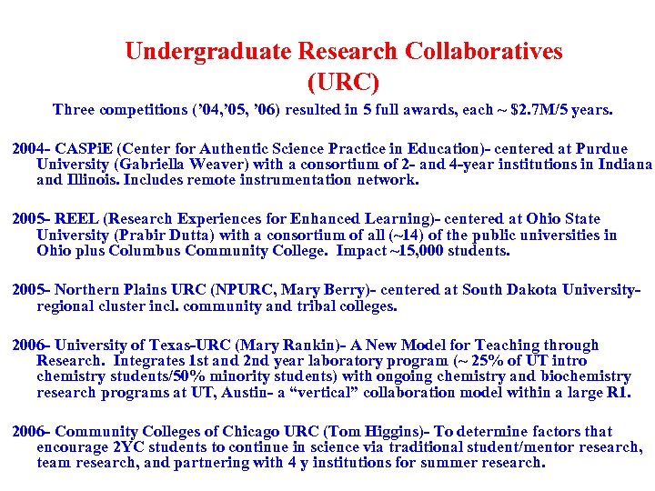 Undergraduate Research Collaboratives (URC) Three competitions (’ 04, ’ 05, ’ 06) resulted in