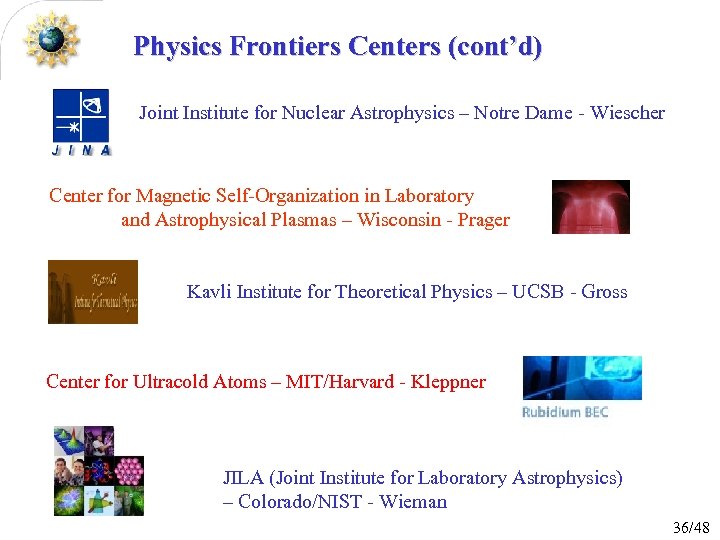 Physics Frontiers Centers (cont’d) Joint Institute for Nuclear Astrophysics – Notre Dame - Wiescher