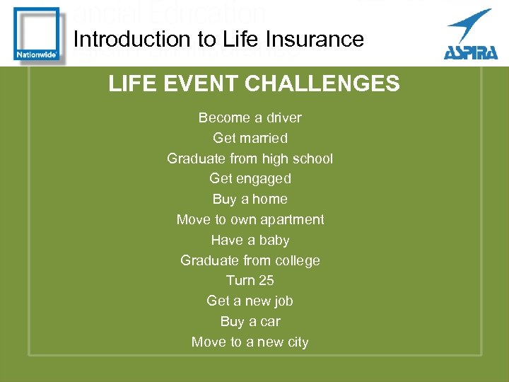 Introduction to Life Insurance LIFE EVENT CHALLENGES Become a driver Get married Graduate from