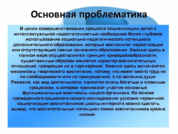 Основная проблематика В целях совершенствования процесса социализации детей с интеллектуальной недостаточностью необходимо более глубокое